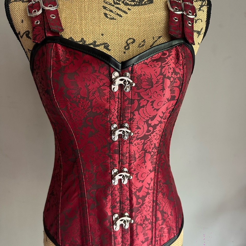 Red Floral Brocade Corset Top with Buckle Straps
